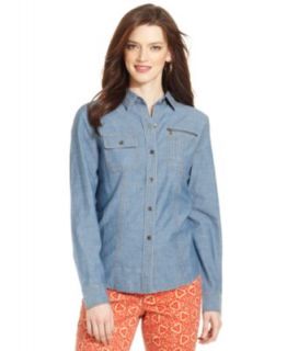 DKNY Jeans Shirt, Long Sleeve Chambray Printed Button Down   Womens