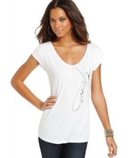 GUESS Top, Short Sleeve V Neck Logo Tee