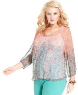 Lucky Brand Jeans Plus Size Top, Three Quarter Sleeve Printed Cutout