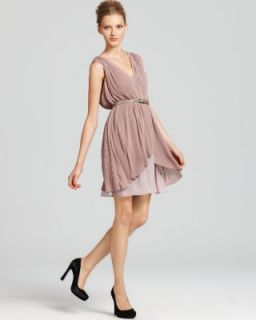 Max Cleo New Lynn Purple Pleated V Neck Sleeveless Belted Cocktail