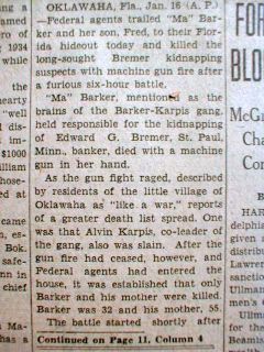 1935 Newspaper FBI Kills MA Barker Gang in Famous Oklawaha Florida