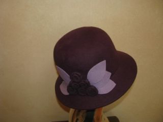 Magidladies Womans Plum Purple Wool Felt Cloche Bucket Hat w Flower