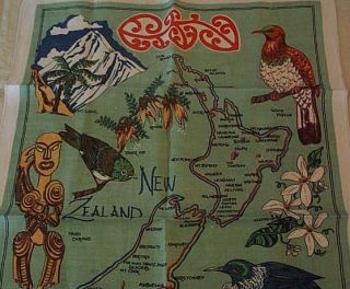 New Zealand Souvenir Linen Towel Map of Attractions Birds Fauna
