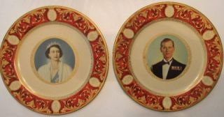 Vintage Portland Ware Metal Tin Plates of Queen Elizabeth II & Duke of