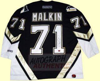 Pittsburgh Penguins jersey autographed by Evgeni Malkin. The jersey is