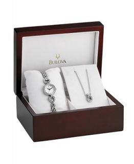 Bulova Watch and Necklace Box Set, Womens Stainless Steel Bangle
