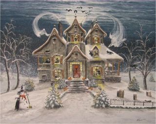 Folk Art Halloween Haunted Snow House Ghosts Cats Skeleton Witch Byrum