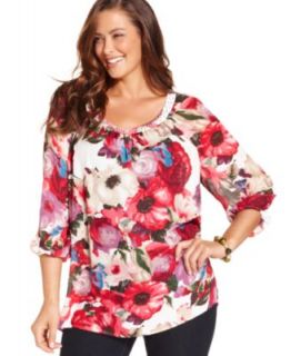 Charter Club Plus Size Blouse, Three Quarter Sleeve Printed Pintucked