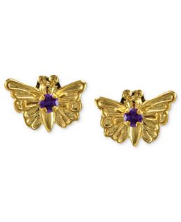 Childrens 14k Gold Earrings, Amethyst Accent Butterfly   Earrings