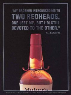 2001 Makers Mark Kentucky Bourbon Whiskey Two Redheads Print Ad