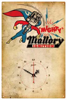 Mallory Ignition Hot Rod Vintage Tin Sign Clock