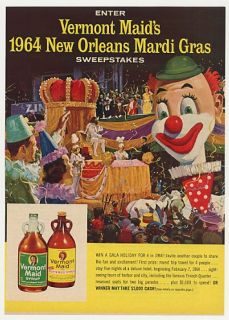 1963 Vermont Maid Syrup New Orleans Mardi Gras Art Ad