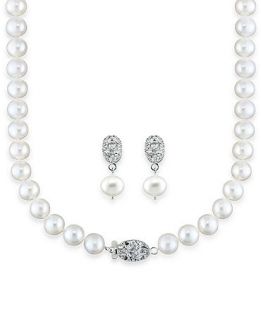 Sterling Silver Pearl Necklace and Earrings, Diamond Accent and