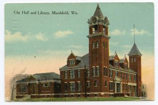 Marshfield WI City Hall & Library 1900s Postcard. Make multiple