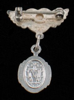 Vintage Sterling Silver Enamel Baby Wings Miraculous Medal Unusual Pin