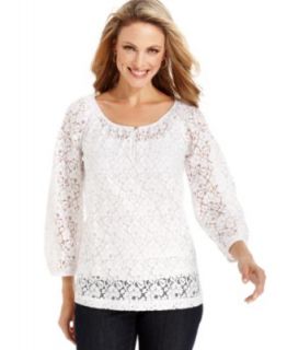 Charter Club Top, Three Quarter Sleeve Lace Scoop Neck