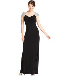 JS Boutique Dress, Cap Sleeve Beaded Pleated Evening Gown   Womens