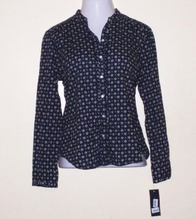 XL Tommy Hilfiger Navy Print Ruffled Long Sleeve Button Up Casual