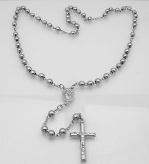 Mens Platinum Clad 925 Silver Rosary Necklace Cross 26