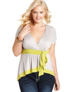 ING Plus Size Top, Short Sleeve Colorblocked Faux Wrap