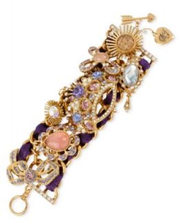 Betsey Johnson Bracelet, Gold Tone Purple Ribbon Glass Crown Multi