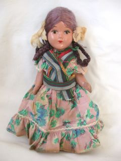 Vintage 1940s Mexican Girl 9 Composition Doll w Braids , Painted Eyes