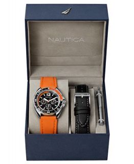 Nautica Watch, Mens Black and Orange Leather Strap Box Set