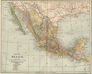 Mexico Map 1891 Showing States Cities Towns RRs Topography