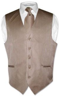 Mens Dress Vest Necktie Mocha Light Brown Vertical Stripes Design Set