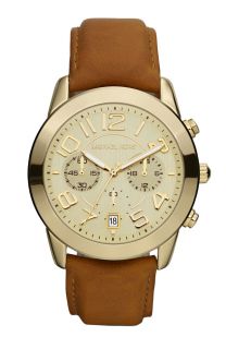 MICHAEL KORS GOLD TONE CHRONOGRAPH BROWN LEATHER BAND LADIES WATCH