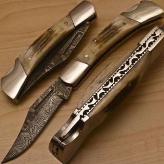 Michelles Custom Made Damascus Folding Pocket Knife Stag Antler BK