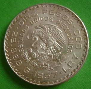 1957 Juarez Silver 10 Pesos Mexican Coin Centennial