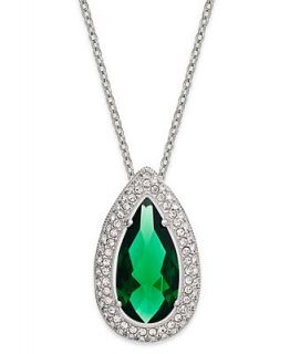 Eliot Danori Necklace, Rhodium Plated Emerald Cubic Zirconia Teardrop