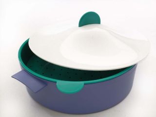 Tupperware Microwave Steamer w Colander Lid—Blue Green White—RARE