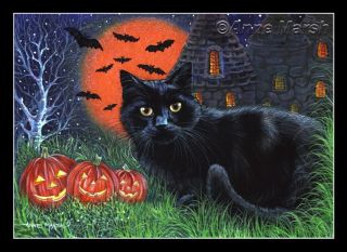 Black Cat Halloween Midnight Print Painting Anne Marsh