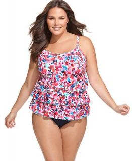 Fit 4 U Plus Size Swimsuit, Floral Print Ruffle Tankini Top