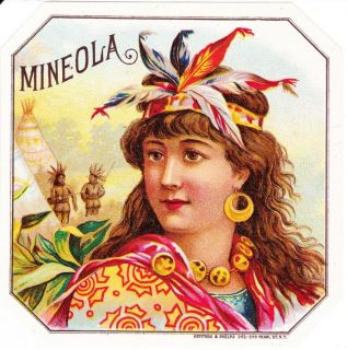 Mineola Outer Cigar Label Antique Lithograph American Indian Maiden