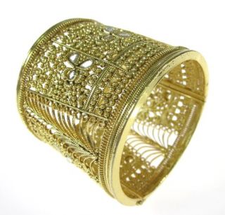 Tejani Gold Tone Filigree Crystal Wide Bangle Bracelet