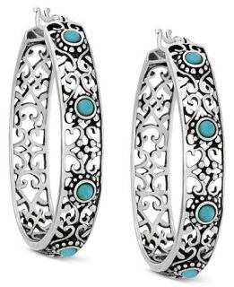 Sterling Silver Filigree Synthetic Turquoise Accent Hoop Earrings