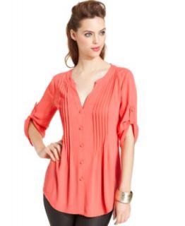 BCBGMAXAZRIA Top, Short Sleeve High Neck Lace Striped