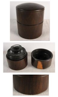 Details A lignum vitae Victorian travelling inkwell. Dates c1890