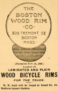 1894 Ad Wood Bicycle Rims Boston Tremont Bike Parts   ORIGINAL
