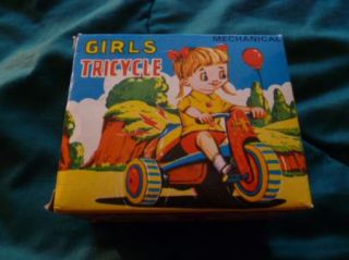 Nice Vintage Japan Boxed Girl on Tricycle Working Wind Up Tin Litho