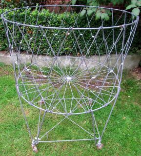 1960 ALLIED Round Wire Collapsible Folding Laundry Basket Rolls Wheels