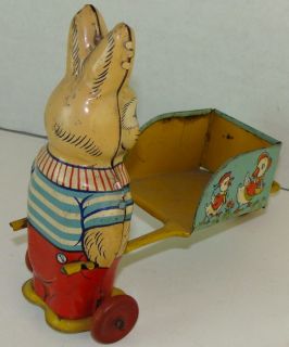 Vintage 1950s J Chein Co Made in USA Tin Rabbit Pushing Wheelbarrow