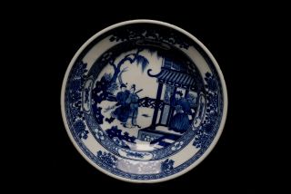 Large Antique Chinese Qing Blue and White Porcelain Plate Figure