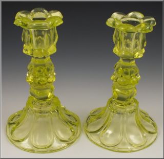 Pair of 19th C Boston Sandwich Vaseline Glass Petal Loop Candlesticks