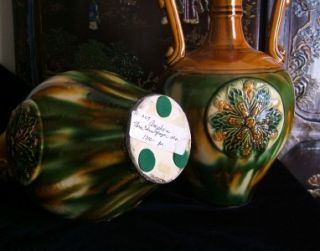 Pair Antique Chinese Amphora Three Color Glaze Sancai Dragon Handled