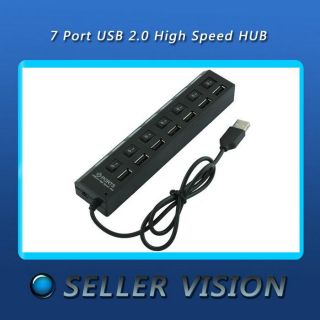 Black 7 Port USB 2.0 High Speed Hub mit ON / OFF Schalter für Laptop
