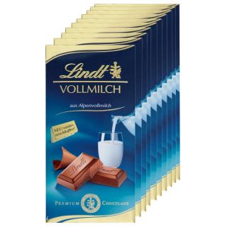 12,88EUR/1kg) Lindt Vollmilch Schokolade 100g, 10 Tafeln